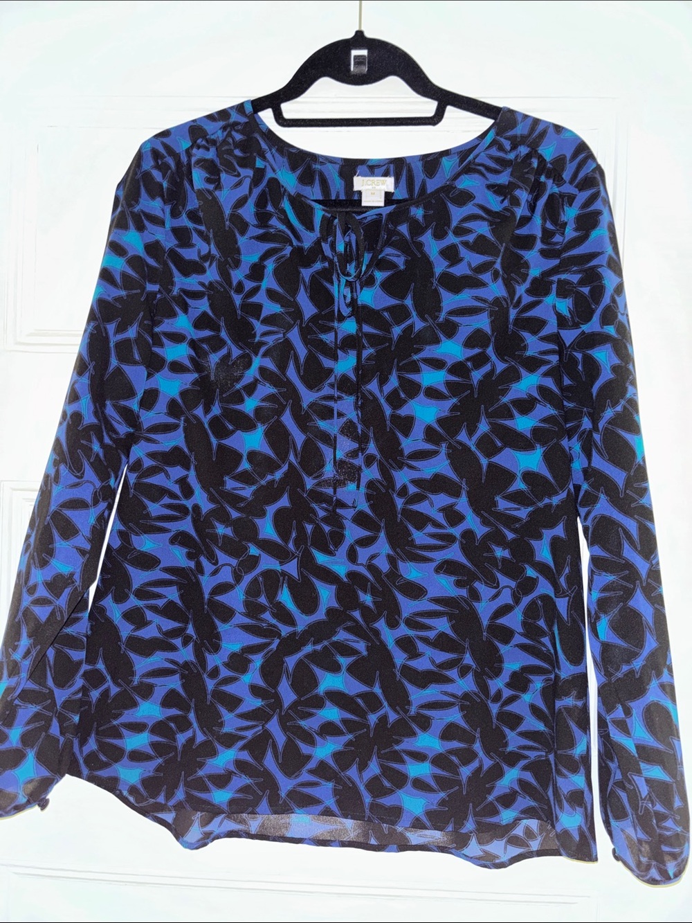 J. Crew Black with Blue & Teal Leaf-Print Long Sleeve Top
